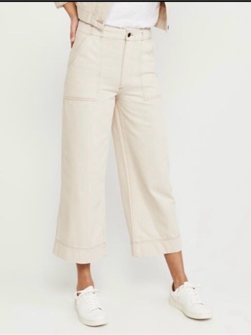 Abercrombie & Fitch Curve Love Wide Leg Cream Pants 100% Cotton Size Medium - Picture 11 of 11